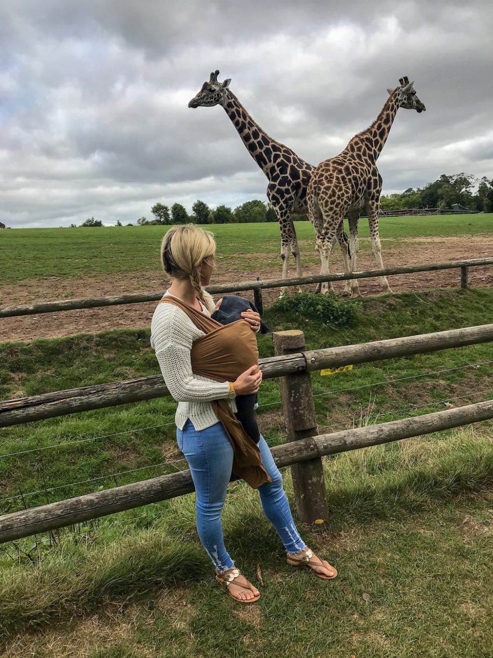 mother and baby watching giraffe